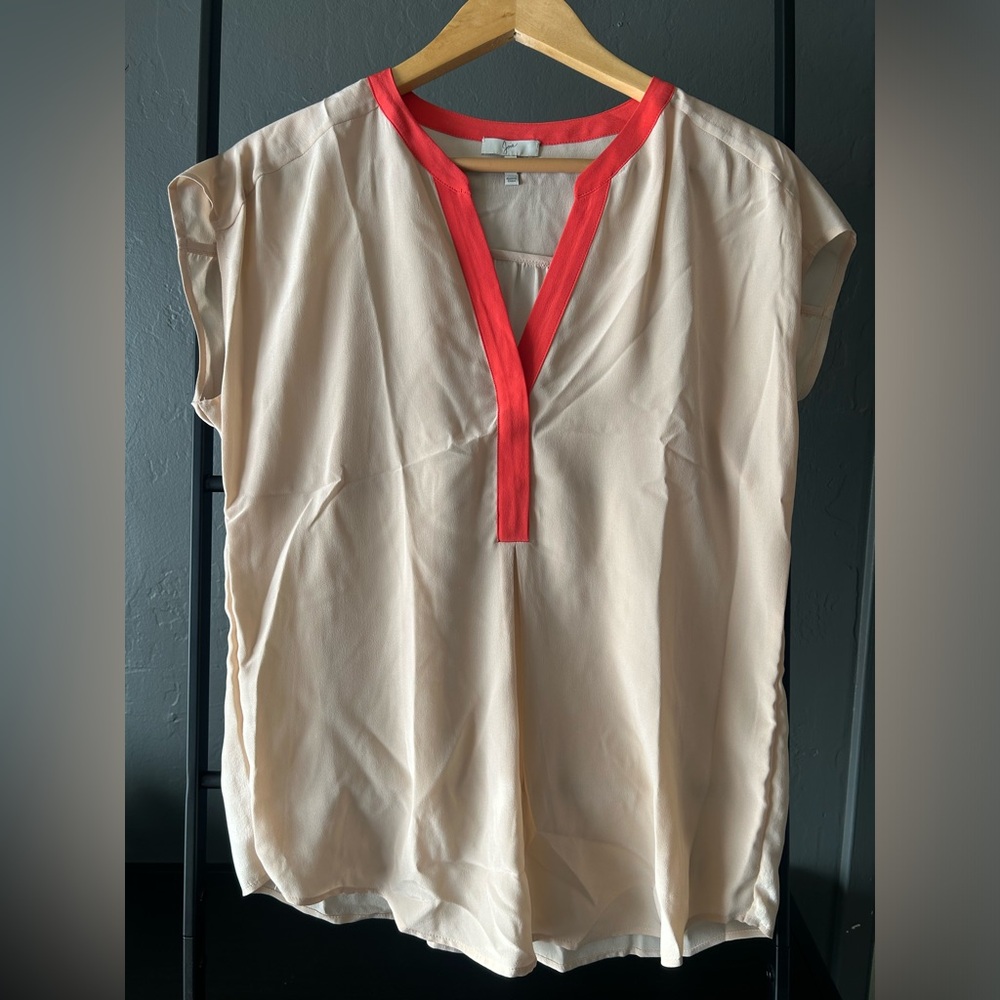 Joie 100% silk short sleeved tan blouse with red/orange trim